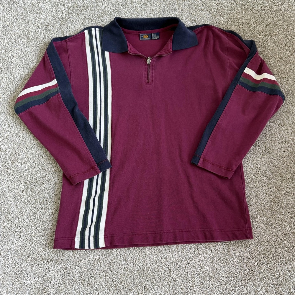 Vintage Route 66 Polo Shirt Mens S Red Stripe Long Sleeve 1/4 Zip Cotton Jersey
